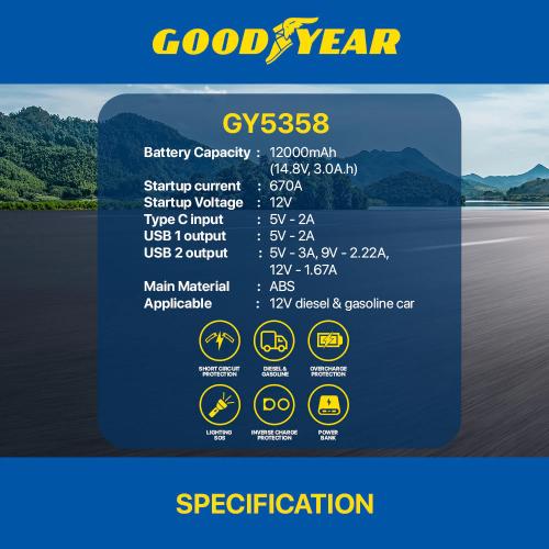 Goodyear Jump Starter Powerbank with LED Screen 12000 mAh 12V 670A Dual USB Port