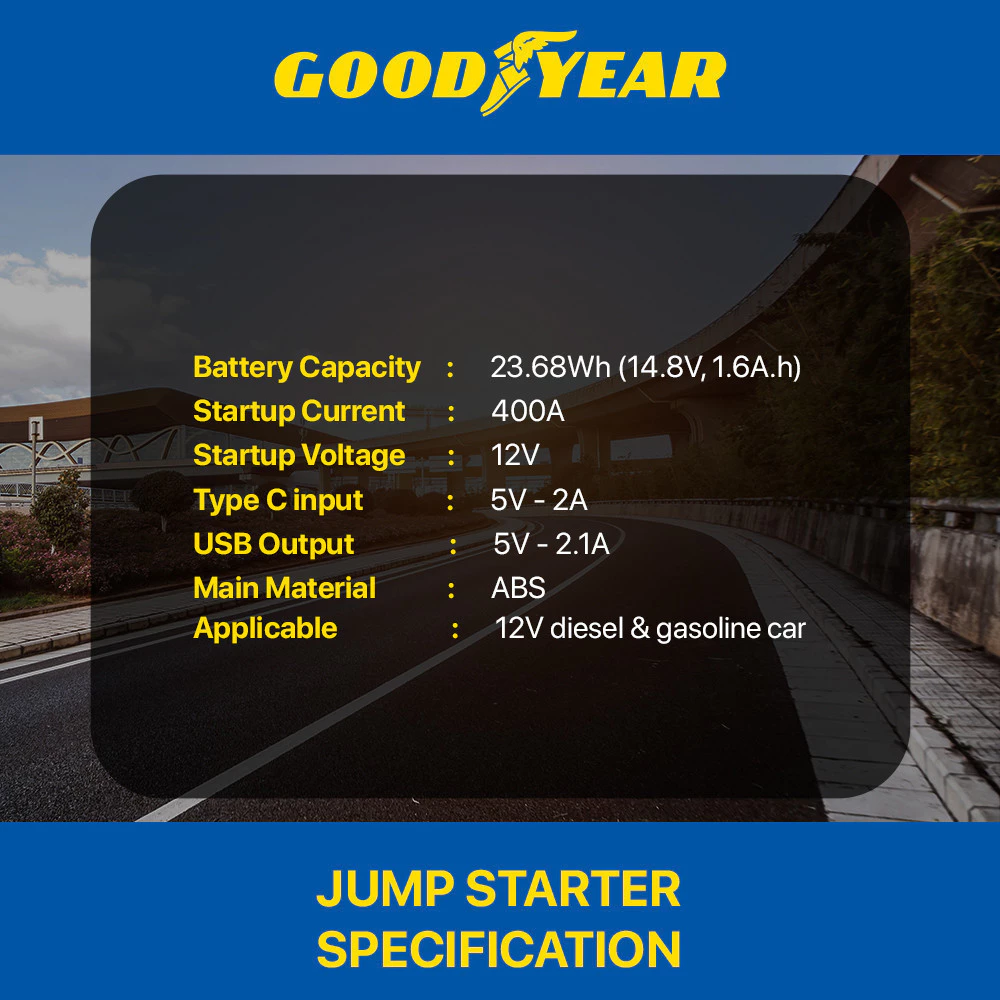 Goodyear Jump Starter Powerbank with LED Screen for Car Emergency Startup Easy to Use Built in LED Portable