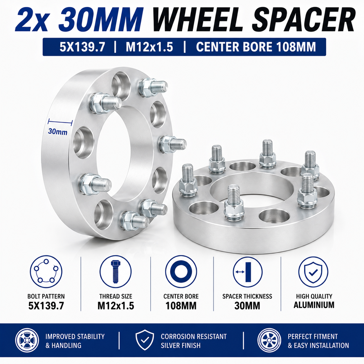 2x 30mm 5X139.7 to 5X139.7 M12x1.5 Wheel Spacer for Daihatsu 4WD Feroza Rocky