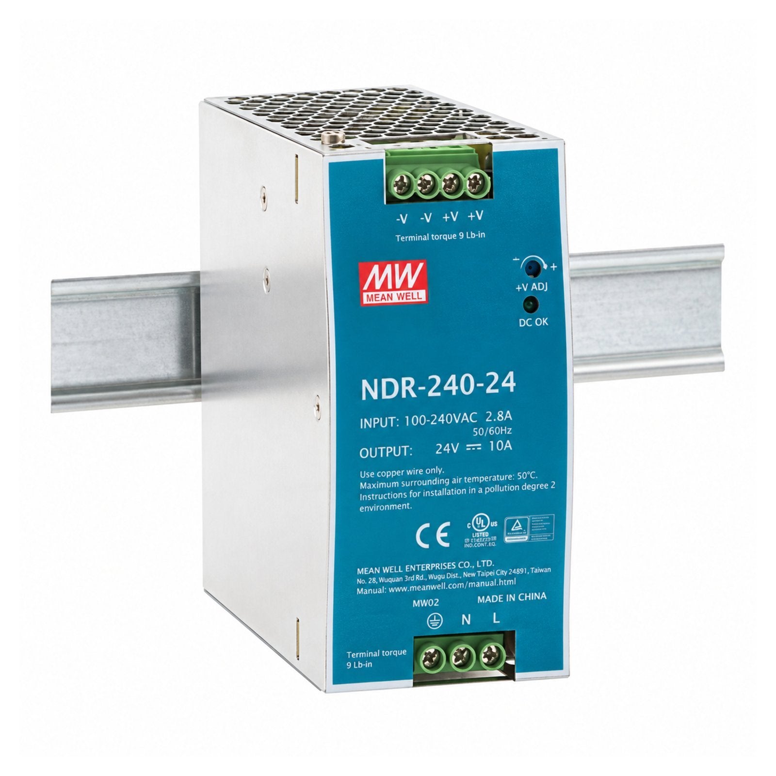 Mean Well MW NDR-240-24 240W 24V 10A Single Output DIN Rail Mount Power Supply