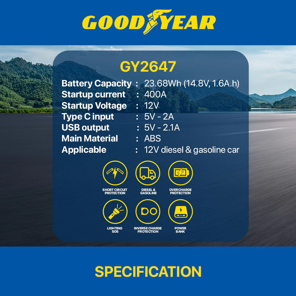 Goodyear Jump Starter Powerbank for Car Emergency Startup Easy to Use Built in LED Portable - GY2647