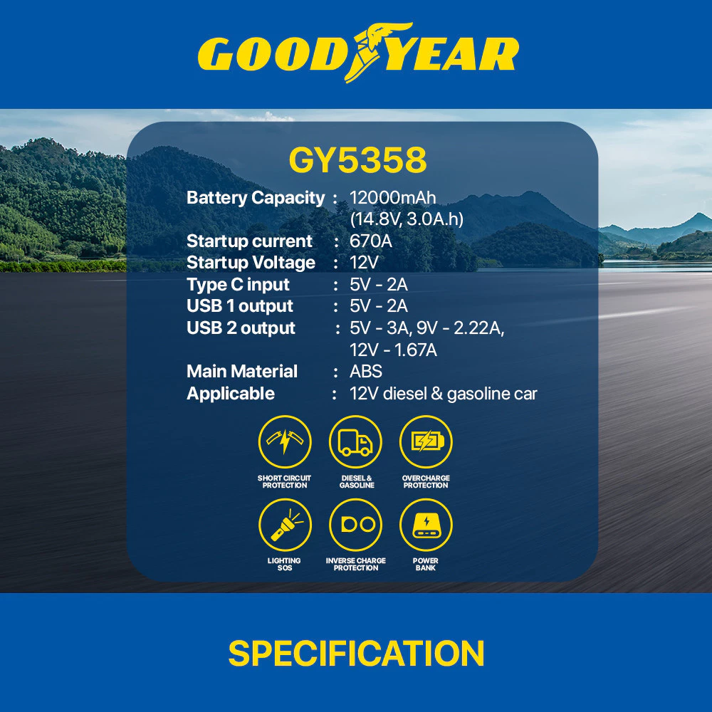 Goodyear Jump Starter Powerbank with LED Screen for Car Emergency Startup Easy to Use Built in LED Portable - GY5358